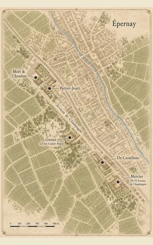 Map of Épernay Champagne houses and nearby villages