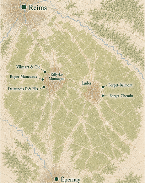 Location of houses relative to Reims and Epernay